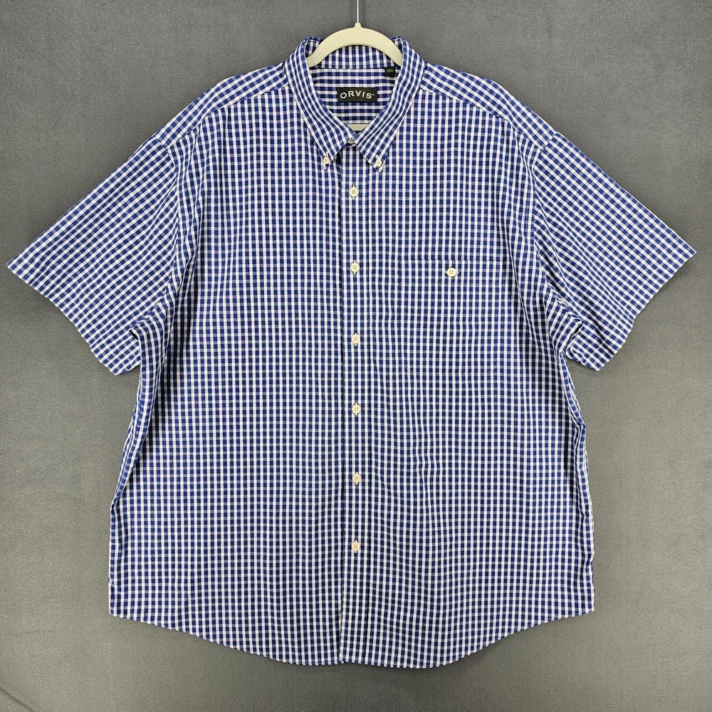 Orvis Shirt Mens 2XL Blue White Check Short Sleeve Button-Down Casual FLAW